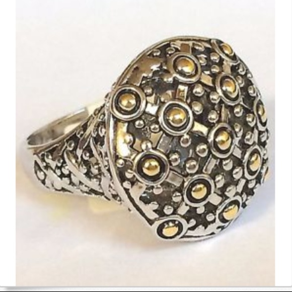 Art Deco Boho Cocktail Ring Size 5 Bohemian Two tone Dome Gold Silver Plated - Picture 1 of 8